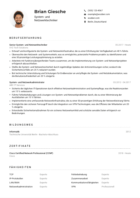 Lebenslauf-Muster für System- und Netzwerktechniker*in