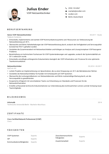 Lebenslauf-Muster für VOIP-Netzwerktechniker*in