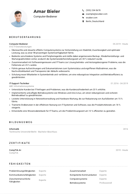 Lebenslauf-Muster für Computer-Bediener*in