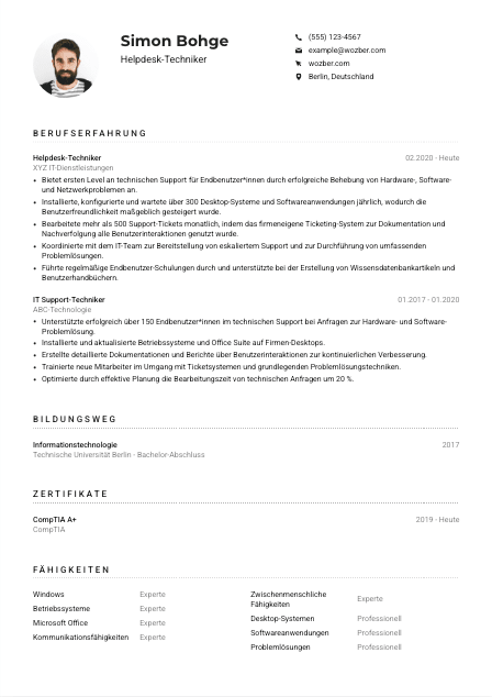 Lebenslauf-Muster für Helpdesk-Techniker*in