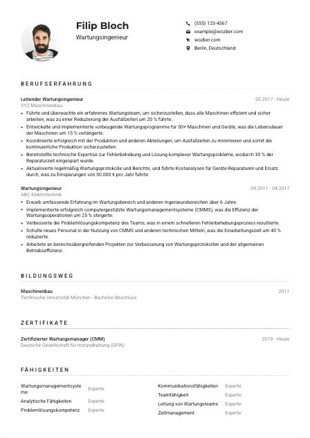 Lebenslauf-Muster für Wartungsingenieur*in