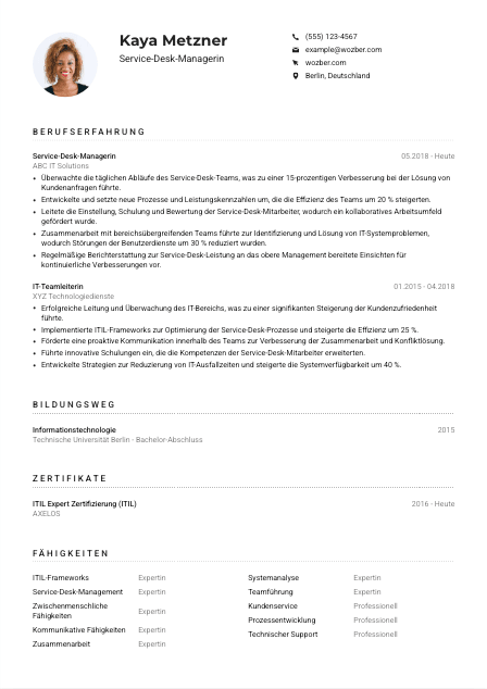 Lebenslauf-Muster für Service-Desk-Manager*in