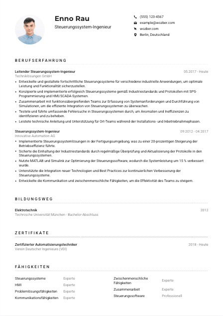 Lebenslauf-Muster für Steuerungssystem-Ingenieur*in