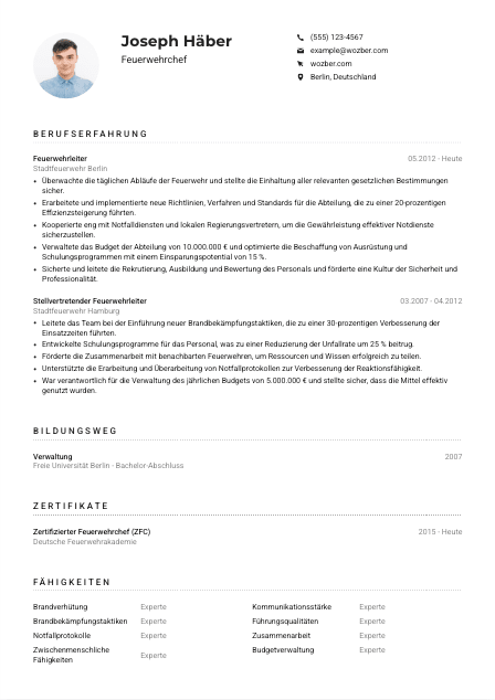 Lebenslauf-Muster für Feuerwehrchef*in