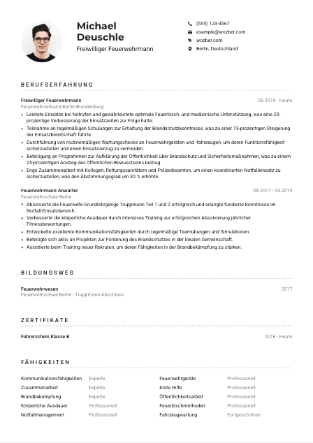 Lebenslauf-Muster für Freiwillige Feuerwehrkraft
