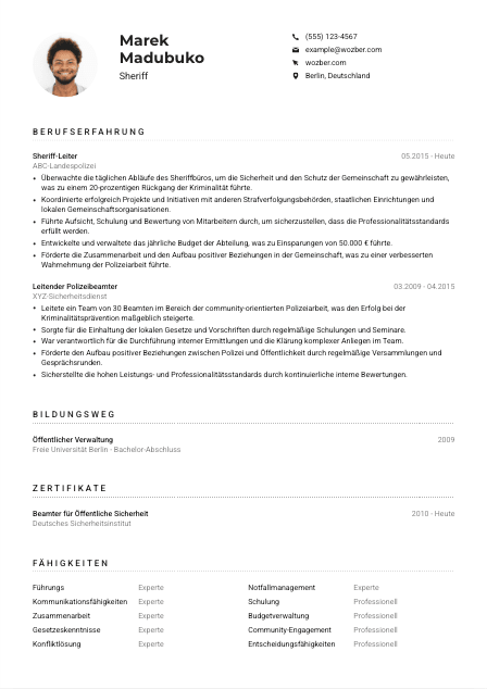 Lebenslauf-Muster für Sheriff*in