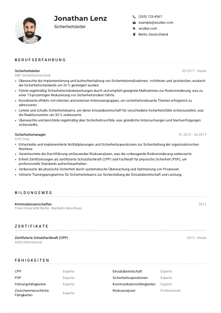 Lebenslauf-Muster für Sicherheitsleiter*in
