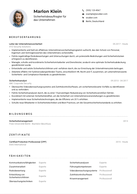 Lebenslauf-Muster für Sicherheitsbeauftragte*r für das Unternehmen