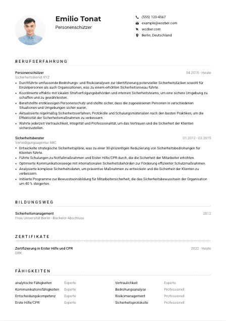 Lebenslauf-Muster für Personenschützer*in