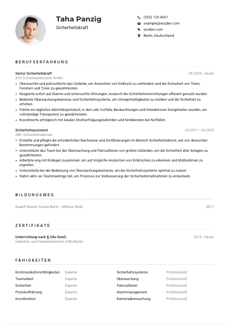 Lebenslauf-Muster für Sicherheitskraft
