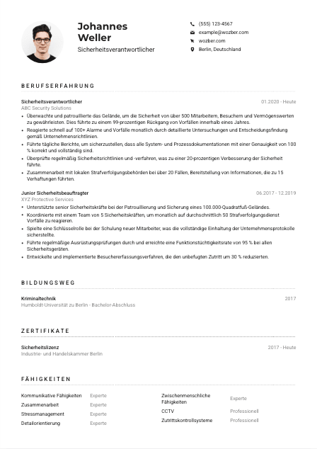 Lebenslauf-Muster für Sicherheitsverantwortliche*r