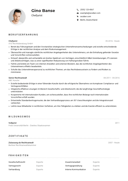 Lebenslauf-Muster für Chefjurist*in