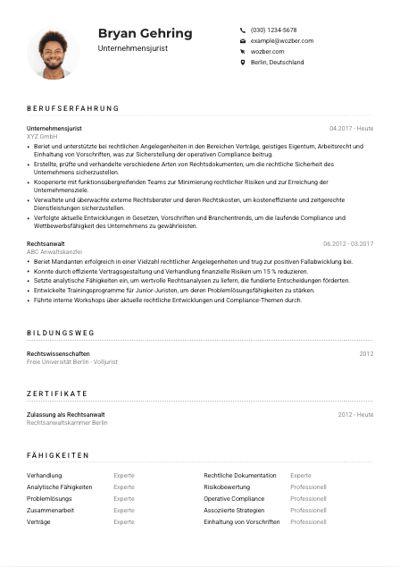 Lebenslauf-Muster für Unternehmensjurist*in