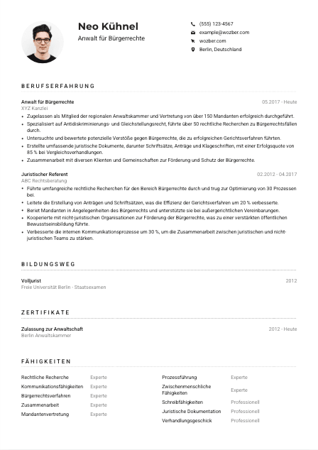 Lebenslauf-Muster für Anwält*in für Bürgerrechte