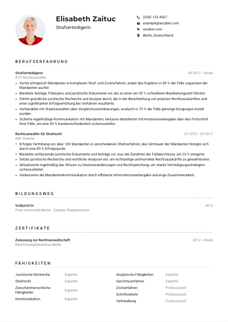 Lebenslauf-Muster für Strafverteidiger*in