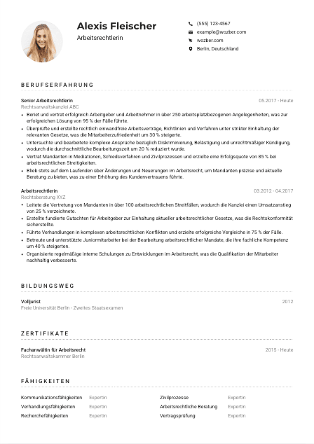 Lebenslauf-Muster für Arbeitsrechtler*in
