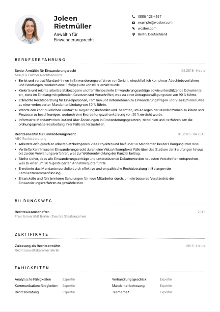 Lebenslauf-Muster für Anwält*in für Einwanderungsrecht