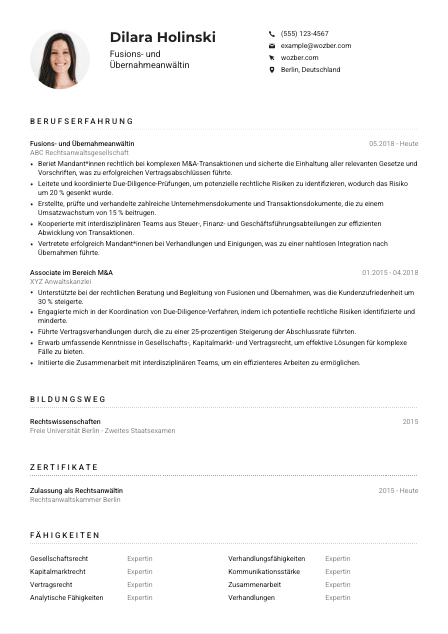 Lebenslauf-Muster für Fusions- und Übernahmeanwält*in