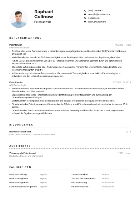 Lebenslauf-Muster für Patentanwält*in