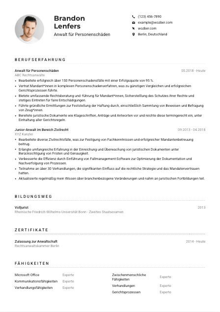 Lebenslauf-Muster für Anwält*in für Personenschäden