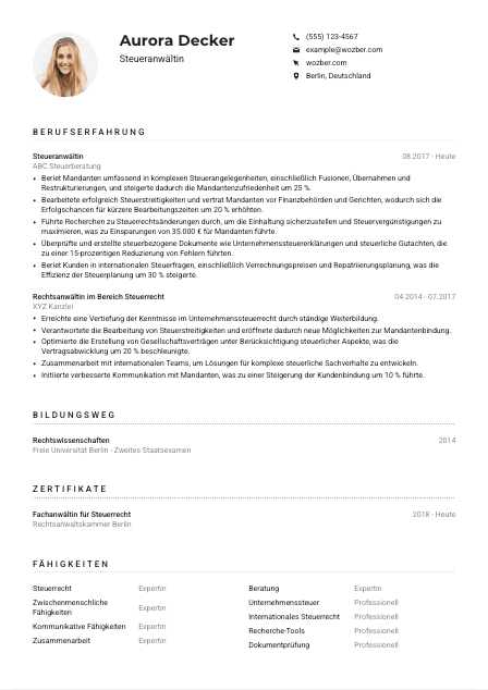 Lebenslauf-Muster für Steueranwält*in