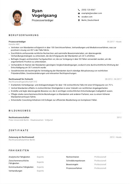 Lebenslauf-Muster für Prozessverteidiger*in
