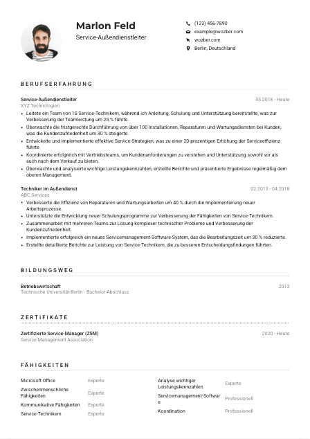 Lebenslauf-Muster für Service-Außendienstleiter*in