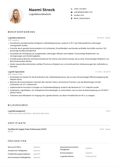 Lebenslauf-Muster für Logistikkoordinator*in