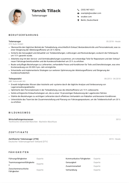 Lebenslauf-Muster für Teilemanager*in