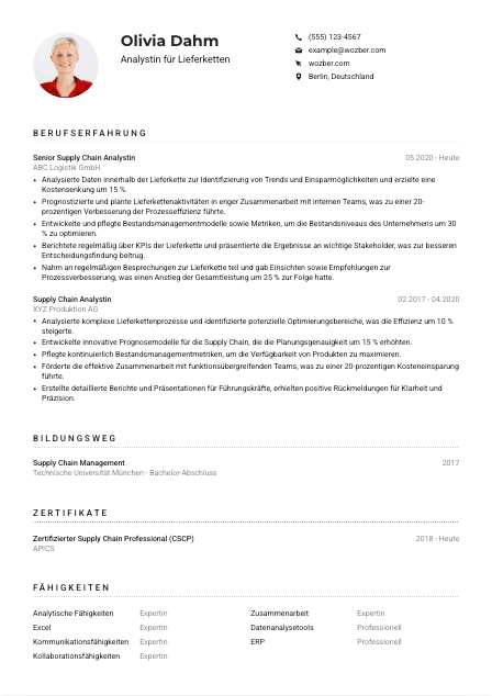 Lebenslauf-Muster für Analyst*in für Lieferketten