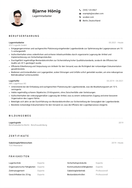 Lebenslauf-Muster für Lagermitarbeiter*in