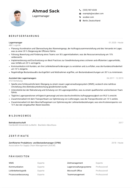 Lebenslauf-Muster für Lagermanager*in