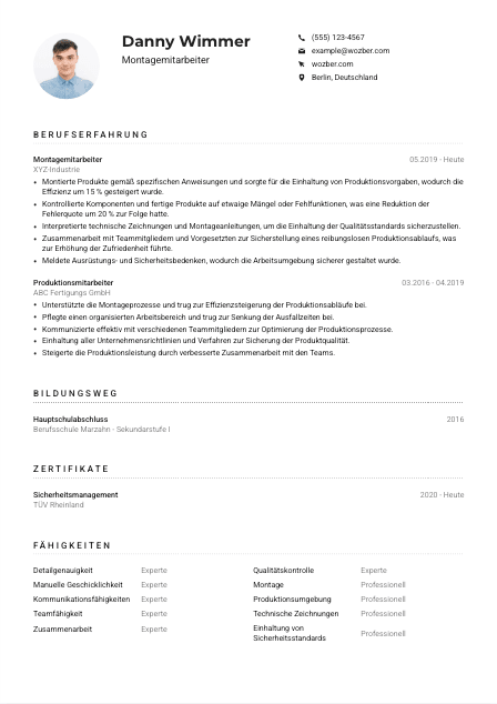 Lebenslauf-Muster für Montagemitarbeiter*in