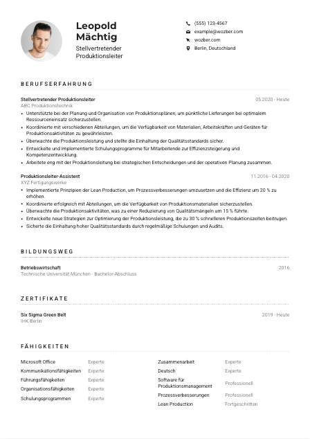 Lebenslauf-Muster für Stellvertretende*r Produktionsleiter*in