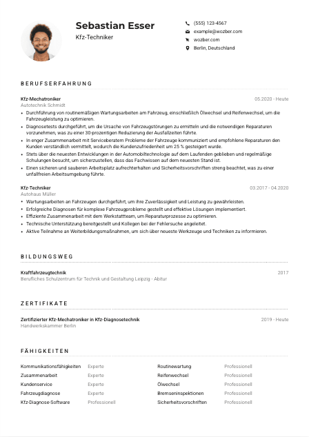 Lebenslauf-Muster für Kfz-Techniker*in
