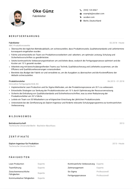 Lebenslauf-Muster für Fabrikleitung