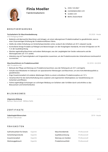 Lebenslauf-Muster für Fabrikmitarbeiter*in