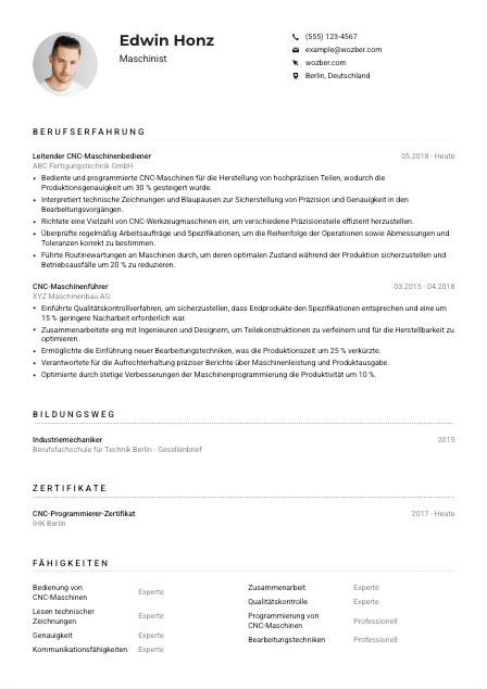 Lebenslauf-Muster für Maschinist*in