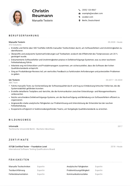 Lebenslauf-Muster für Manuelle*r Tester*in