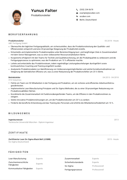 Lebenslauf-Muster für Produktionsleiter*in
