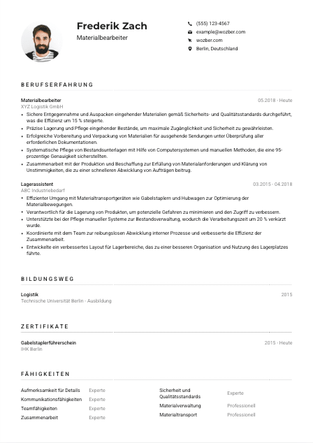 Lebenslauf-Muster für Materialbearbeiter*in