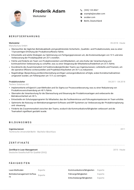 Lebenslauf-Muster für Werksleiter*in