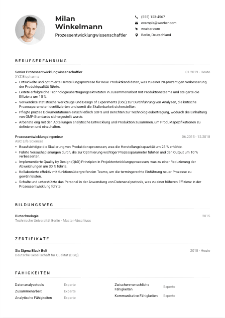 Lebenslauf-Muster für Prozessentwicklungwissenschaftler*in