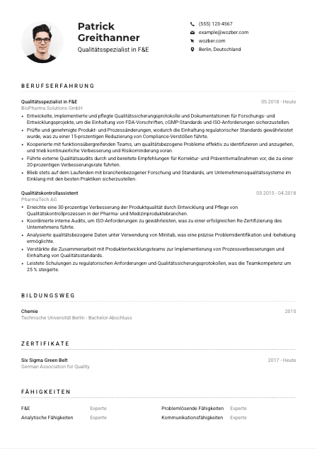 Lebenslauf-Muster für Qualitätsspezialist*in in F&E