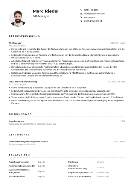 Lebenslauf-Muster für F&E-Manager*in