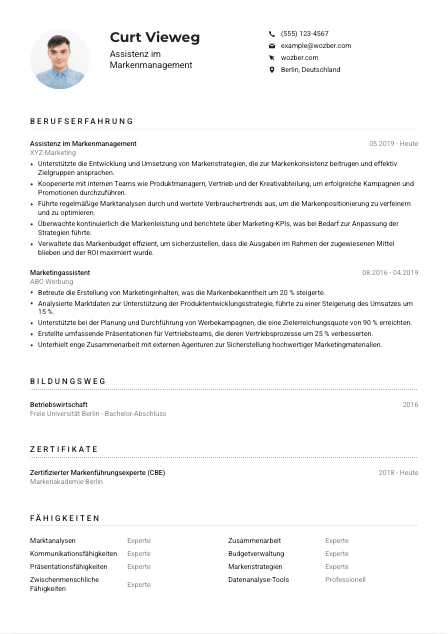Lebenslauf-Muster für Assistenz im Markenmanagement