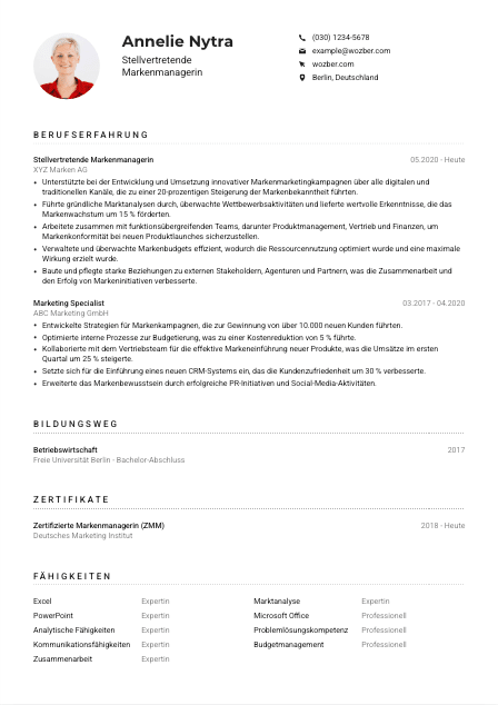 Lebenslauf-Muster für Stellvertretende*r Markenmanager*in