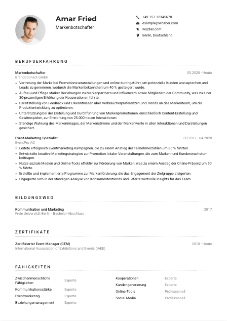 Lebenslauf-Muster für Markenbotschafter*in