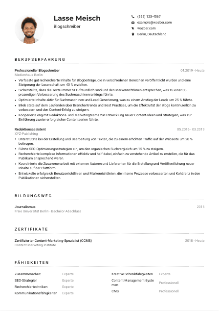Lebenslauf-Muster für Blogschreiber*in