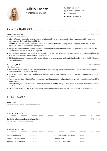 Lebenslauf-Muster für Content-Moderator*in